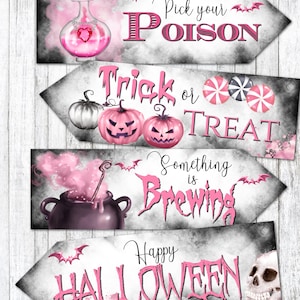 4er Set Pink Halloween Party Deko Pfeil Schilder - Digital Download