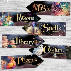 May include: A set of six arrow-shaped signs with a magical school theme. The signs feature illustrations of potions, spells, a library, creature companions, phoenix training, and a school of magic.