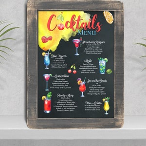 Cocktail Bar Rezepte Menü Wand Kunst Druck Schild (B) - Digitaler Download
