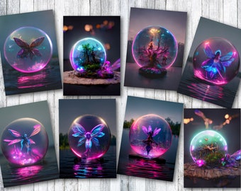 Set of 8 A.I Generated Fantasy Style Artwork 'Fairy Globes' ATC Tags/Toppers/Embellishments - Digital Download