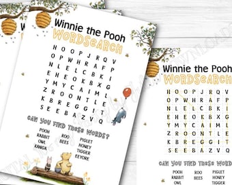 May include: Winnie the Pooh themed word search printable activity sheet. The sheet features a grid of letters with a list of words to find, including Pooh, Piglet, Tigger, and Eeyore. The sheet is decorated with images of Winnie the Pooh characters and honeycombs.