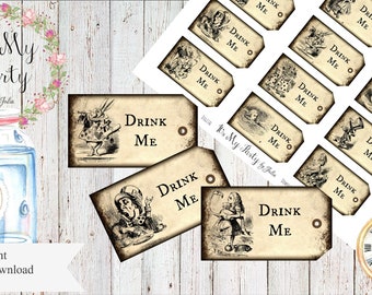 12 Assorted Alice in Wonderland Drink Me Tags Printable Digital Download