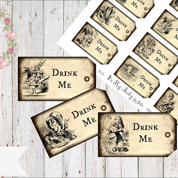 12 Assorted Alice in Wonderland Drink Me Tags Printable Digital Download
