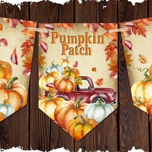 May include: A fall-themed banner with three panels. The center panel features a red truck filled with pumpkins and the text "Pumpkin Patch". The side panels feature a watercolor design of pumpkins and fall leaves.