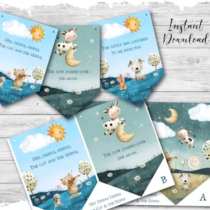 Könnte beinhalten: Ein druckbarer Satz von sechs blauen und grünen Wimpelbannern mit Illustrationen einer Kuh, die über den Mond springt, einer Katze, die Geige spielt, und einem lachenden Hund. Die Banner zeigen den Kinderreim "Hey Diddle Diddle" und sind perfekt für eine Babyparty oder die Dekoration eines Kinderzimmers.