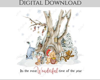 Diseño navideño clásico de Winnie the Pooh y sus amigos en formato PNG y JPG para sublimación, con y sin texto - Descarga digital instantánea