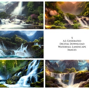 May include: Five digital images of lush green waterfalls cascading down rocky cliffs. The images feature a variety of perspectives and lighting conditions, showcasing the beauty of nature.