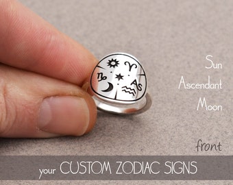 Custom zodiac ring with your Sun Moon Ascendant natal chart signs