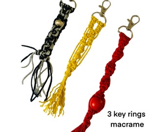 Trio  macrame patterns, 3 trio Rustic macrame gifts, Easy Macrame twisted key ring pattern, Beaded Macrame Key ring, Boho Weddings favors