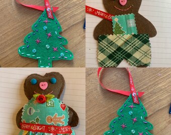 Pine tree & Gingerbread Felt Ornament, Christmas Tree Decorations, Felt Ornament, Xmas Bauble, Yule Decor, Festive mobile hanging decoration