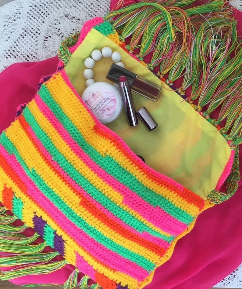 Festival crochet bag with tassels Festival tassel bag Festival Rainbow coloured crochet bag Colourful Crochet Shoulder and flap bag