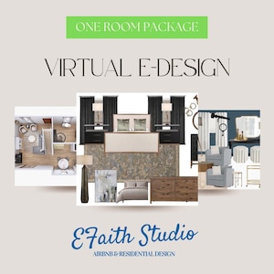 Puede incluir: Un gráfico de paquete de diseño virtual para una habitación de EFaith Studio. La imagen muestra tableros de diseño de interiores con un dormitorio que incluye cama, mesitas de noche, lámparas, cortinas, alfombra y cómoda, junto a un plano de planta.