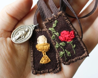 Custom 100% Brown Wool Catholic Scapular, Brown scapular, Catholic scapular, Catholic devotion, Catholic embroidery