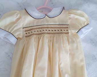 Dark Cream Romper Handsmocked with Chocolate Brown & Cream 3 months