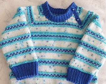 Hand Knitted Baby Jumper, Striped Blue 4-6 months