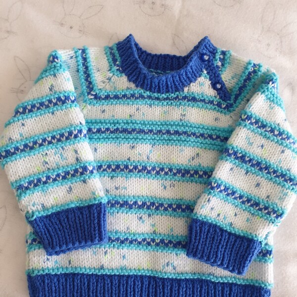 Hand Knitted Baby Jumper, Striped Blue 4-6 months