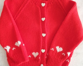 Hand Knitted Red Cardigan with White Hearts 6-12 months