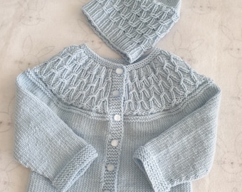 Hand Knitted Baby Boy Jacket and Beanie 0-3 months