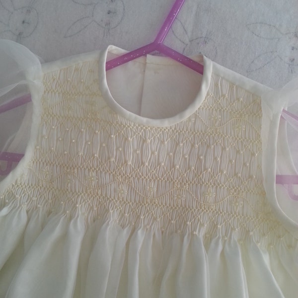 Christening Dress Hand Smocked, Cream Organza. Bonnet and Smocked Shoes