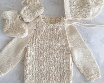 Hand Knitted Cream Baby Set, Merino Wool, Newborn