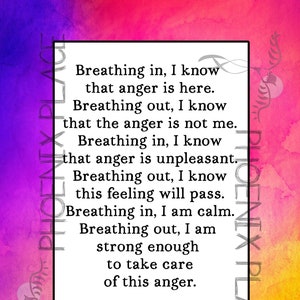 May include: A motivational quote by Thich Nhat Hanh on a pink and yellow watercolour background. The quote reads: "Breathing in, I know that anger is here. Breathing out, I know that the anger is not me. Breathing in, I know that anger is unpleasant. Breathing out, I know this feeling will pass. Breathing in, I am calm. Breathing out, I am strong enough to take care of this anger."