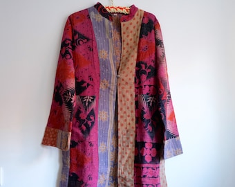 Vintage Kantha Coat Long, Vintage Patchwork Jacket, Vintage Quilted Jacket Reversible