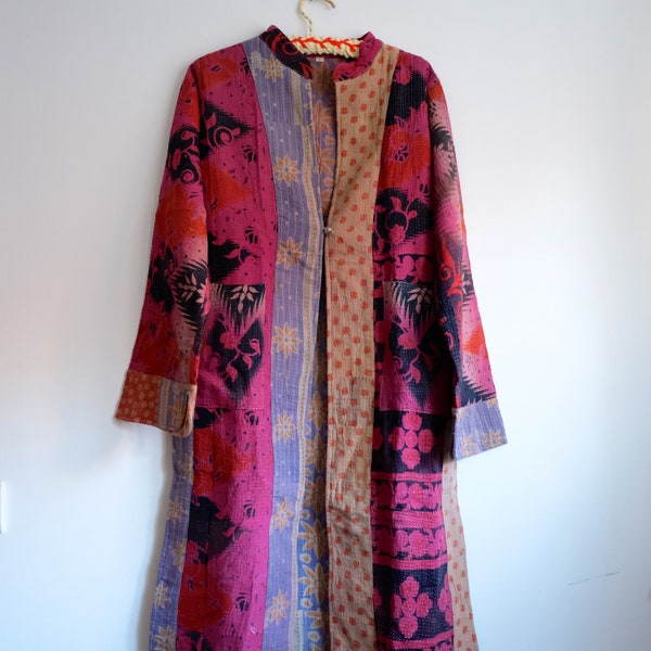 Vintage Kantha Coat Long, Vintage Patchwork Jacket, Vintage Quilted Jacket Reversible