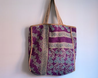 Vintage Kantha Bag, Vintage Sari Kantha Tote, Quilted Tote Bag, Patchwork Embroidery Bag, Reversible Bag