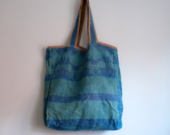 Vintage Kantha Bag, Vintage Sari Kantha Tote, Quilted Tote Bag, Patchwork Embroidery Bag, Reversible Bag