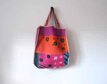 Vintage Sari Kantha Tragetasche: Patchwork gesteppte Wendetasche