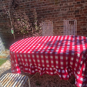 Gingham Ruffled Tablecloth, Block Printed Tablecloth, Wood Block Print Gingham Tablecloth, Pink Checkered Tablecloth,