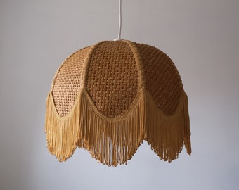 Vintage Rattan Light Shade with Tassels, Vintage Wicker Shade, Midcentury Shade