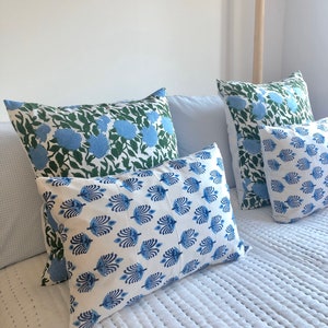 Woodblock Printed Floral Cushion Cover: Botanical Cotton Pillow