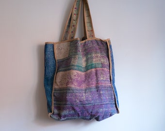 Vintage Kantha Bag, Vintage Sari Kantha Tote, Quilted Tote Bag, Patchwork Embroidery Bag, Reversible Bag