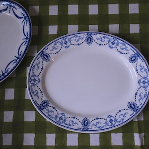 May include: Two white oval ceramic plates with blue floral designs. The plates are on a green and white checked tablecloth.