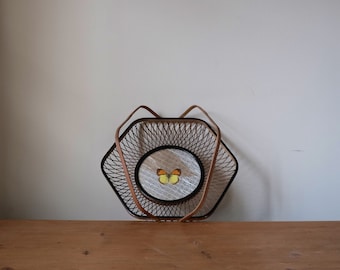 Vintage Bamboo Tray Basket with Pressed Butterfly