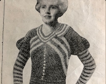 PDF 1930s crochet jumper pattern, tricolour, puffed sleeves 1930's 30s 30's