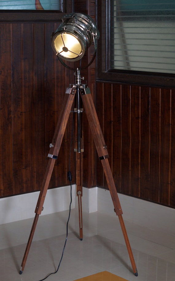Chrome Marine Nautical Spotlight Floor Lamp Wooden Tripod Etsy