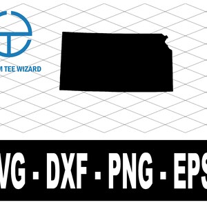 Könnte beinhalten: Schwarze Silhouette des Bundesstaates Kansas auf weißem Hintergrund mit einem Rautenmuster. Der Text "CUSTOM TEE WIZARD" befindet sich über der Umrisslinie des Staates. Darunter ein schwarzes Rechteck mit dem weißen Text "SVG - DXF - PNG - EPS".