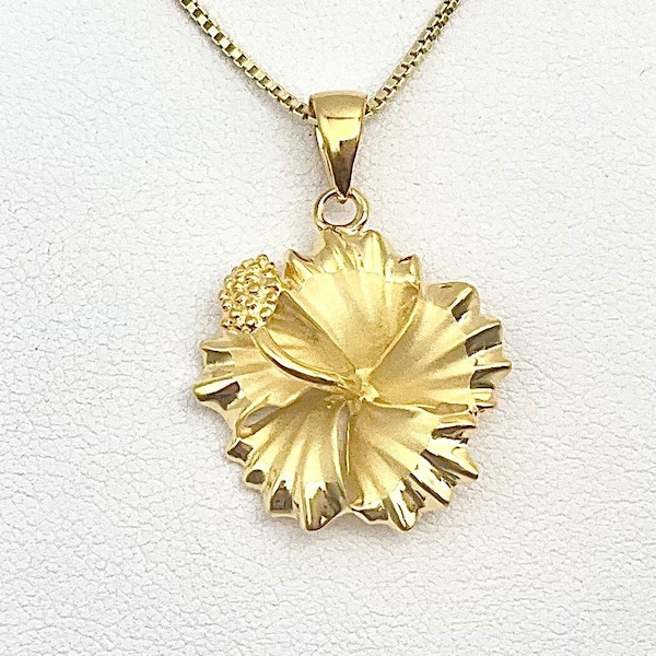 Collar de flor tropical de hibisco hawaiano en plata de ley con oro de 14 quilates, joyería hawaiana, colgante de hibisco dorado, hecho en Hawái, tropical