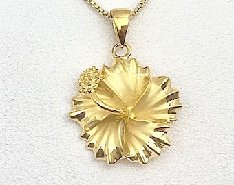 Sterling Silver w/ 14K Gold Hawaiian Hibiscus Tropical Flower Necklace, Hawaiian jewelry, Gold Hibiscus Pendant, Made In Hawaii, Tropical