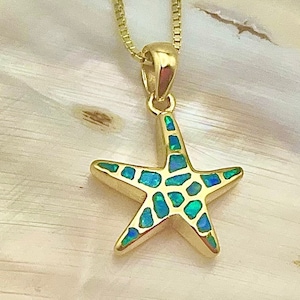 Small Starfish Hawaiian Necklace, Blue Opal, Sterling Silver w/ 14K Gold Tiny Starfish, Beach Jewelry, Gold Hawaii Jewelry, Made In Hawaii