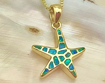 Small Starfish Hawaiian Necklace, Blue Opal, Sterling Silver w/ 14K Gold Tiny Starfish, Beach Jewelry, Gold Hawaii Jewelry, Made In Hawaii