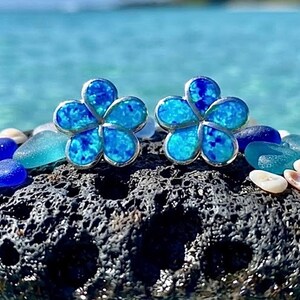Sterling Silver Blue Opal Plumeria Earrings, Rhodium Hawaiian Jewelry, Plumeria Flower Earrings, Made In Hawaii