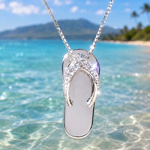Sterling Silver Cubic Zirconia Flip Flop Slipper Hawaiian Pendant Necklace