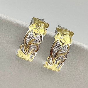 Hawaiian Earrings, Sterling Silver W/ Gold Accents Hawaiian Heirloom Plumeria Engraved Hoop Earrings, Made In Hawaii. Maui Jewelry, Lahaina