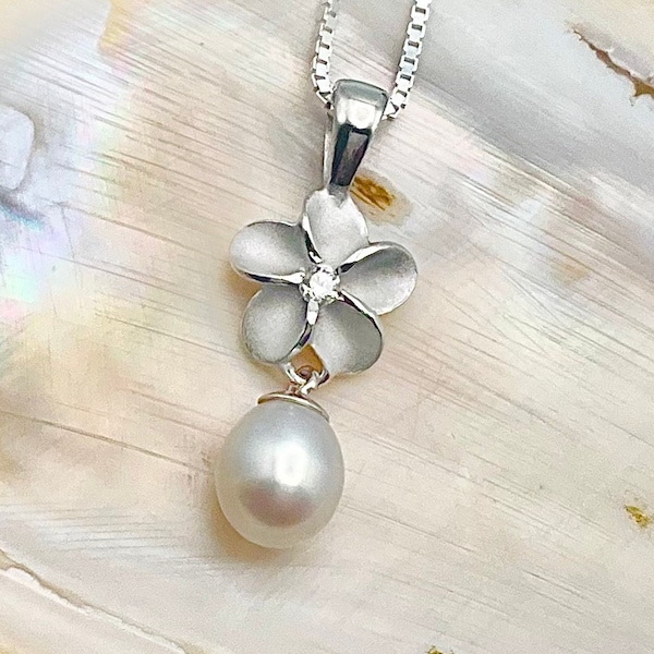 Sterling Silver Plumeria Necklace w/ Genuine Freshwater Pearl, Hawaiian necklace, Plumeria  jewelry, Hawaiian jewelry, Memorial Jewelry