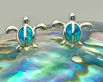Small Sterling Silver Hawaiian Blue Fire Opal Sea Turtle Honu Stud Post Earrings