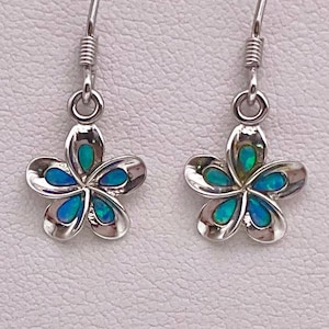 Small Sterling Silver Opal Plumeria Hawaiian Earrings, Flower Earrings, Plumeria Jewelry, Hawaii jewelry, Made In Hawaii, Pua Polū Liʻiliʻi