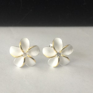 Sterling Silver W/ 14K Gold Pua Melia Earrings, Plumeria Studs, Hawaiian Studs, Flower Earrings, Hawaiian Earrings, Made In Hawaii, Gifts